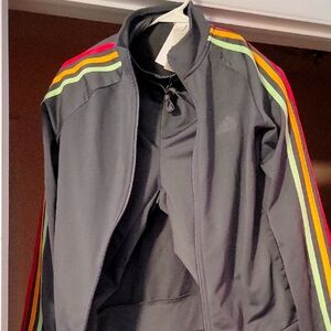 NWT Adidas GREY Track Suit Jacket/pants with Multicolor Stripes